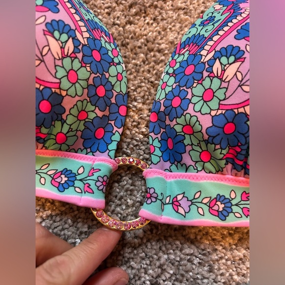 Victoria's Secret Floral Bikini with Pink and Green and gold Accents pushup - Picture 4 of 9